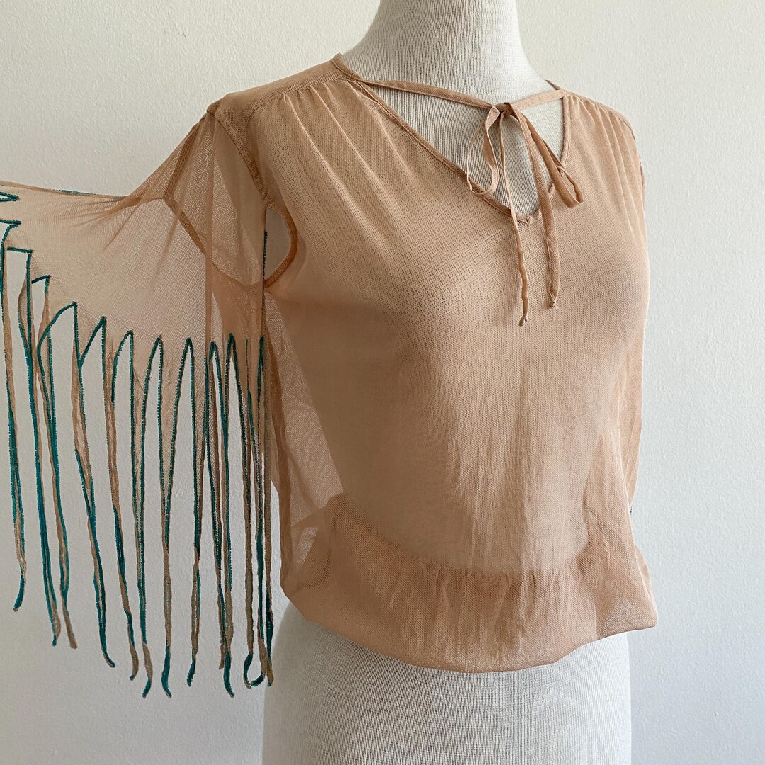 Vintage 2000s Dries Van Noten Nude Tulle Blouse Hand Beaded Fringe