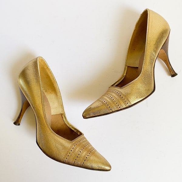 Vintage 1960s Butler's Charm Metallic Gold Perforated Spectator Stiletto Heels Pumps