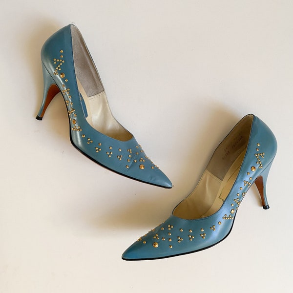 Vintage 1960s Blue Gold Studded Stiletto Heels Pumps