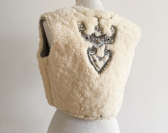 Vintage Shearling Sheepskin Leather Embroidered Beaded Vest Cropped