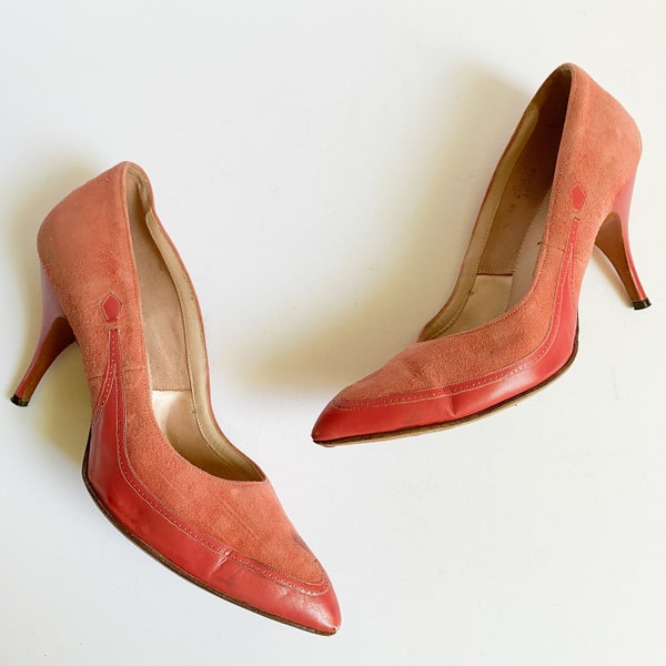 Vintage 1950s/1960s Ansonia Pink Suede Spectator Stiletto Heels Pumps