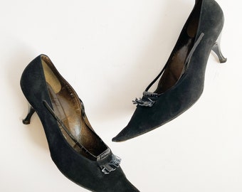 Vintage jaren 1960 Vacance Zwart Suede Stiletto Kitten Heels Pumps Patent Fringe