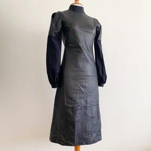 Vintage Early 2000s Black Leather and Silk Dress Cold Shoulder Cheongsam Qipao Chinese Style