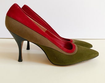 Escarpins à talons aiguilles tricolores en daim olive NOS, Joseph Larose, vintage des années 1960