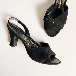 Vintage 1940s Herbert Levine Nordstrom's Black Suede Peep Toe Slingback Heels Sandals