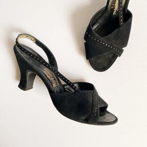 Vintage 1940s Herbert Levine Nordstrom&#39;s Black Suede Peep Toe Slingback Heels Sandals