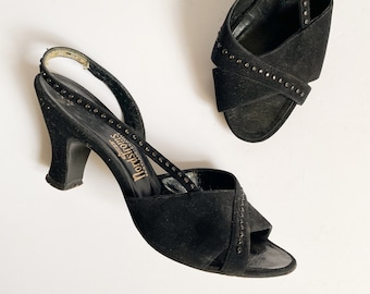 Vintage jaren 1940 Herbert Levine Nordstrom's zwarte suède peep toe slingback hakken sandalen