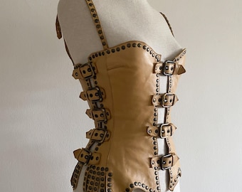 Vintage 2000s Dolce & Gabbana Tan Leather Studded Corset Bustier Western SS2003 Runway