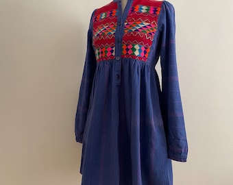 Vintage 1970s Mexican Embroidered Woven Mini Dress Tunic