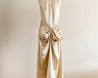 Vintage 1920s Cream Satin Draped Gathered Bustle Wedding Dress