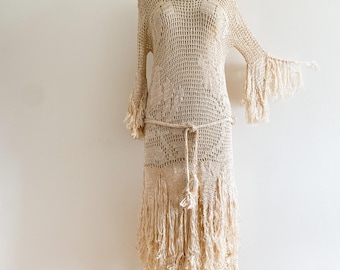 Spectacular Vintage 1920s/30s Hand Crocheted Dress Tunic Fringe Hand Made Flapper Cream Rayon
