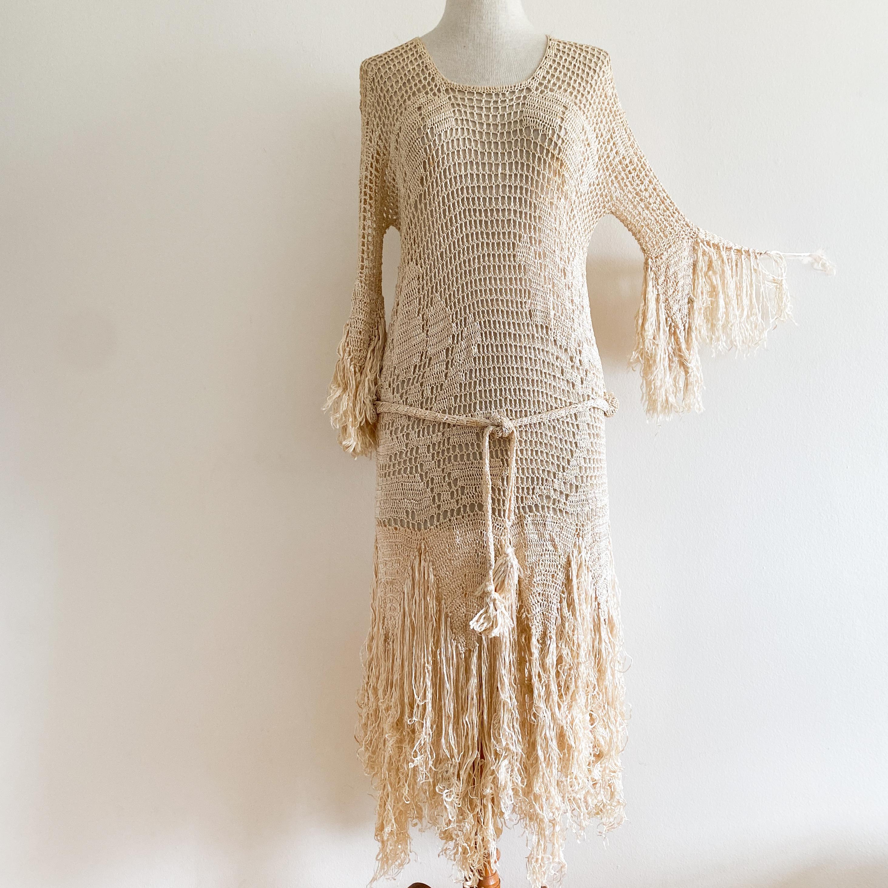 Spectacular Vintage 1920s/30s Hand Crocheted Dress Tunic Fringe Hand Made Flapper Cream Rayon