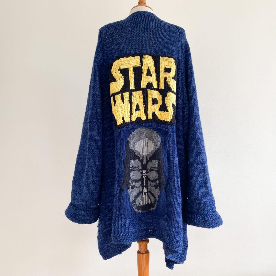 Vintage 1980s Hand Knit Star Wars Cardigan Sweater Applique R2D2