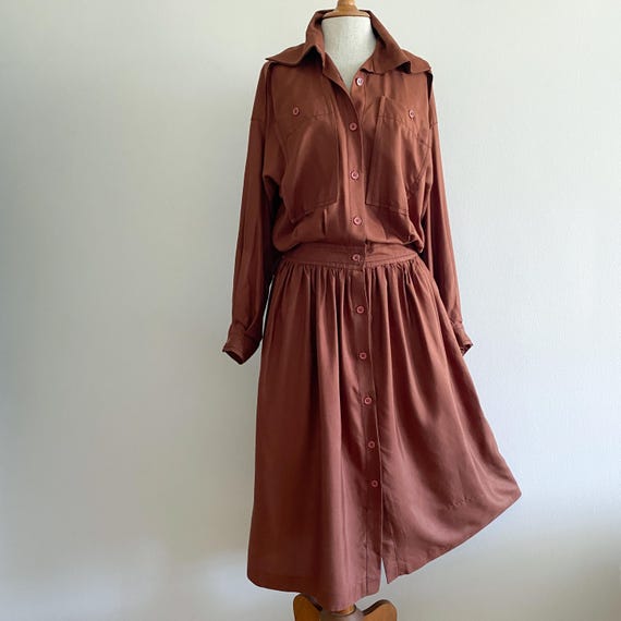 Vintage 1980s Vogue Alley Drop Waist Shirt Dress Silk Rayon