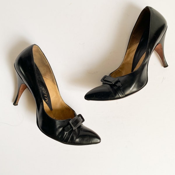 Vintage 1960s Guildmark Black Leather Buckle Stiletto Heels Pumps