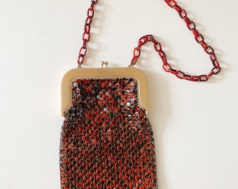 Vintage 1970s Whiting and Davis Tortoise Mesh Gold Framed Purse Handbag