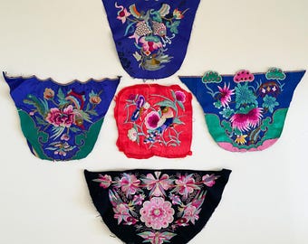 Antiker Satz von 4 chinesischen Hand bestickt Applikation Patches Blumen Vogel Seide Baumwolle