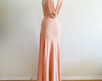 Vintage 1930s Bias Cut Blush Silk Crepe Dress Gown w/Low Back