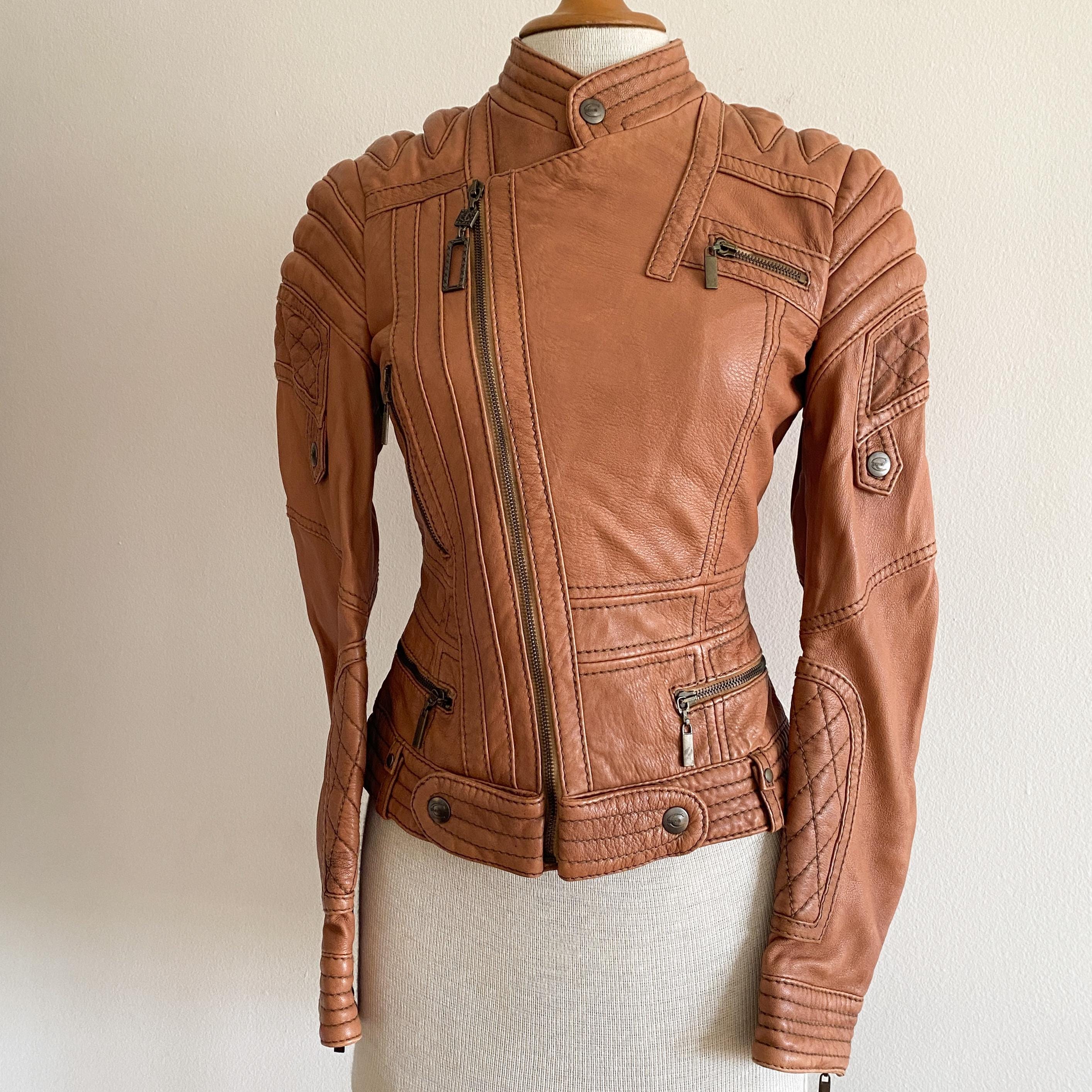 Vintage 2000s Roberto Cavalli Just Cavalli Leather Moto Jacket Tan 