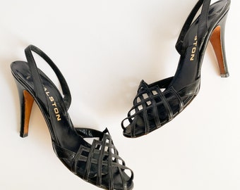 Vintage 1970s Halston Italy Black Leather Woven Cage Slingback Sandals Heels