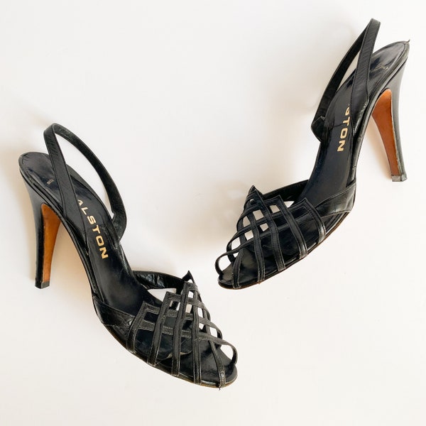 Vintage 1970s Halston Italy Black Leather Woven Cage Slingback Sandals Heels