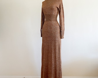 Vintage 1970s Wenjilli Hong Kong Metallic Sweater Knit Maxi Dress