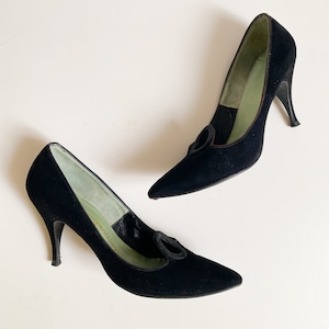 Vintage 1960s Black Suede Stiletto Heels Cutout Pumps Jacqueline Designer Originals