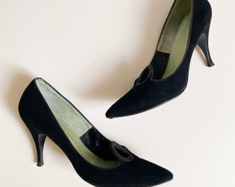 Vintage 1960s Black Suede Stiletto Heels Cutout Pumps Jacqueline Designer Originals