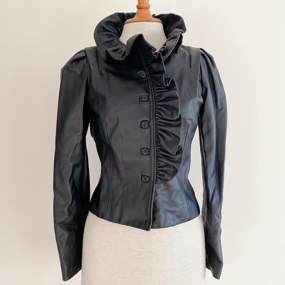 Vintage Black Leather Jacket Ruffled Neckline Fitted Cropped XS - Etsy