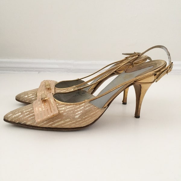 Exquisite Vintage 1960s Gold Slingback Stiletto Heels M. d'Aya Paris