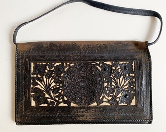 Vintage 1940s Hand Tooled Cutwork Leather Handbag Large Clutch Purse