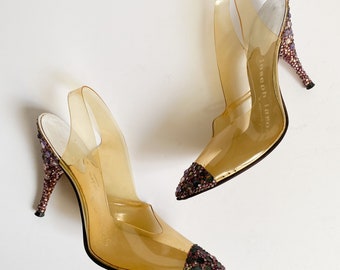 Vintage 1960er Jahre Joseph Larose Klar Lucite Juwelenbesetzte Slingback Stiletto Heels Pumps