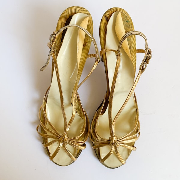 Vintage 1940s 1950s Gold Strappy Slingback Dancing Shoes Heels