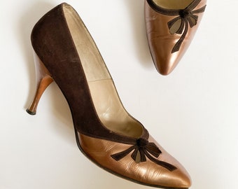 Vintage I. Miller Brown Bronze Wildleder Cutout Bow Stiletto Heels Pumps