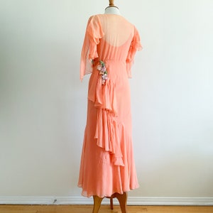 Rare Vintage 1920s 1930s Coral Silk Chiffon Bias Cut Garden Party Dress