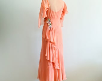 Rare Vintage 1920s 1930s Coral Silk Chiffon Bias Cut Garden Party Dress