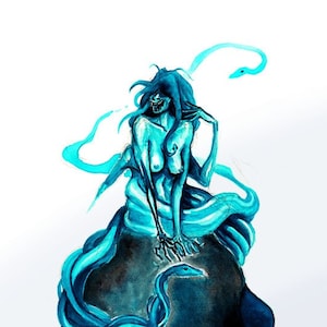 May include: A watercolour illustration of a teal-coloured, spectral figure with long hair and a skeletal face. The figure is entwined with teal snakes and sits atop a dark, shadowy form. The artwork has a fantasy theme.