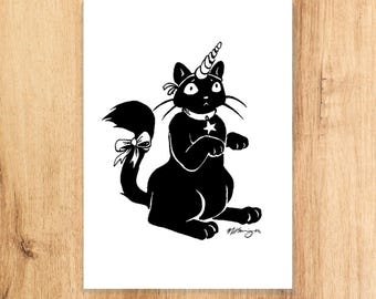Unicorn Cat | Black Cat Unicorn Art | Magical Cat Illustration | Whimsical Animal Print