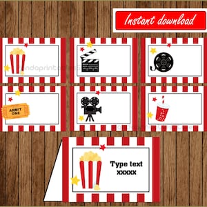 Rótulos de comida para noite de cinema, rótulos de comida para aniversário de noite de cinema, cartões de barraca de comida para festa de cinema, download instantâneo