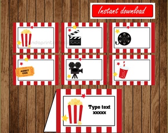 Movie Night Food Labels, Movie Night Birthday Food labels, Movie Party Food tent cards, instant download