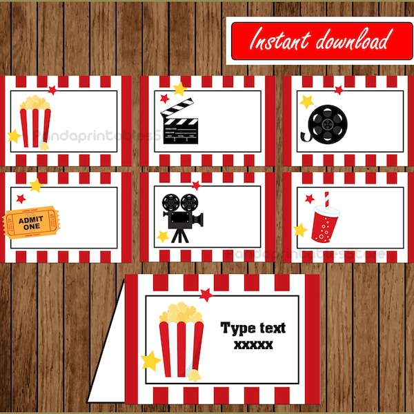 Movie Night Food Labels, Movie Night Birthday Food labels, Movie Party Food tent cards, instant download