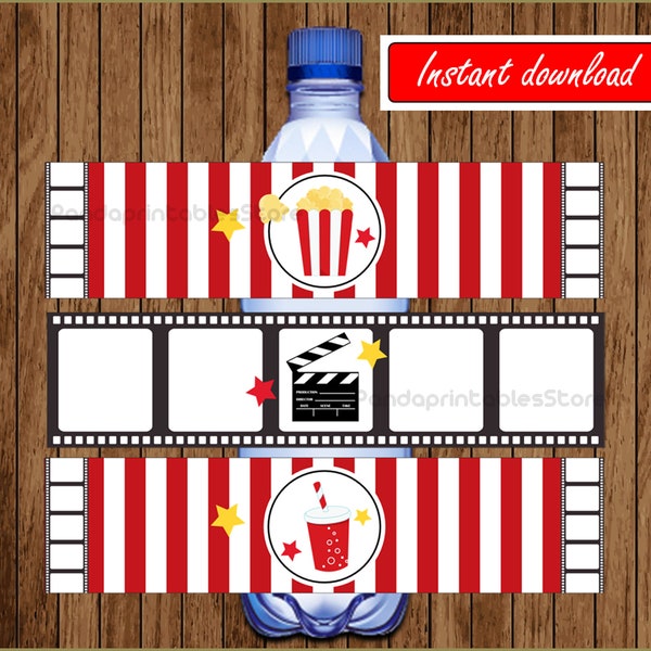 Movie Night water bottle labels, diy Movie Party water bottle labels, printable Movie Night water bottle labels template, instant download