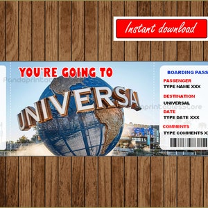 Boleto de viaje sorpresa de Universal Studios - Imprimible - Boleto de vacaciones - Tarjeta de embarque - Imprimir en casa Descarga instantánea de texto editable