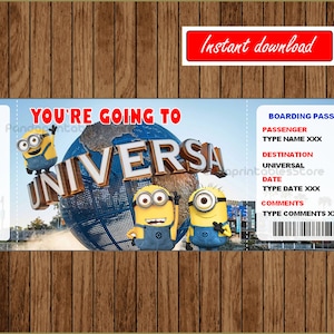 Ingresso surpresa Universal Studios Trip - Para impressão - Bilhete de férias - Cartão de embarque - Imprimir em casa Texto editável download instantâneo
