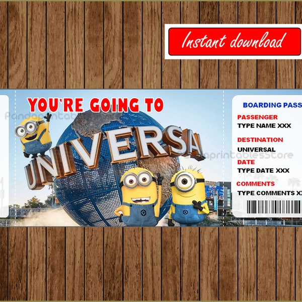 Verrassing Universal Studios reisticket - afdrukbaar - vakantieticket - instapkaart - thuis bewerkbare tekst direct downloaden
