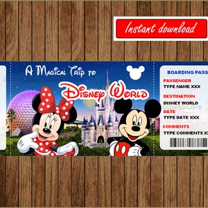 Druckbare DisneyWorld Überraschungsreise, Geschenk, Überraschungsreise nach DisneyWorld, Minnie und Micky Ticket, EDITIERBAR, INSTANT DOWNLOAD