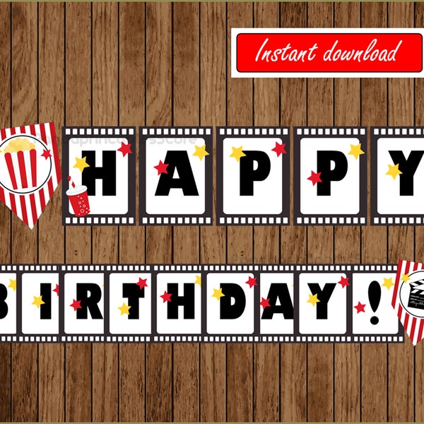 Movie Night birthday banner, Movie Night happy birthday banner printable, Movie Party Banner, instant download