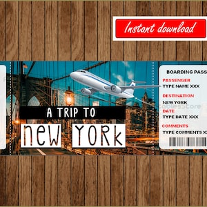 Druckbares Surprise New York Trip Ticket, New York Surprise Bordkarte, Geschenkticket, Ticket nach New York Bearbeitbarer Text