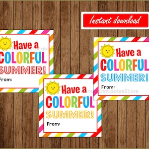 Tarjetas imprimibles de fin de escuela, etiquetas de regalo divertidas y coloridas para el verano, tarjetas de etiquetas de regalo de verano imprimibles, descarga instantánea