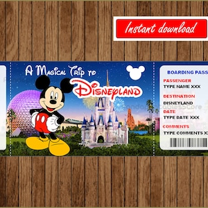 Viaje sorpresa de DisneyLand imprimible, regalo, viaje sorpresa a DisneyLand, boleto de mickey, EDITABLE, DESCARGA INSTANTE